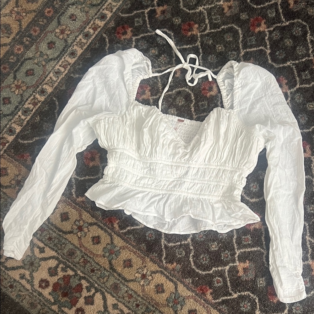 Free People Cream Ruched Blouse with Tie Back